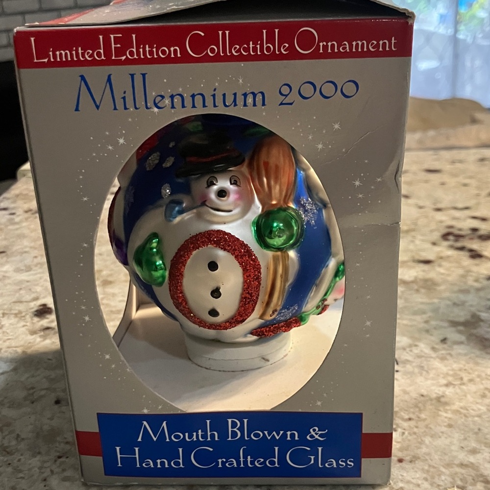 Millennium 2000 Snowman Ornament - Blue and Red mouth blown glass ornament